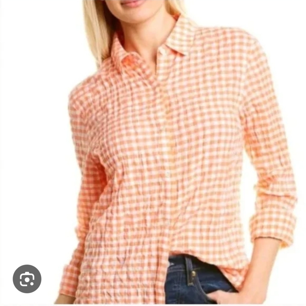 J. McLaughlin Womens Cotton Crinkle Gingham Button Down Shirt M Orange